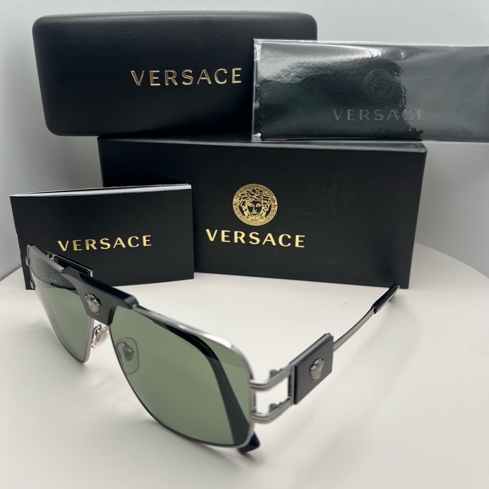 Versace Black and Silver Sunglasses with Green Lenses